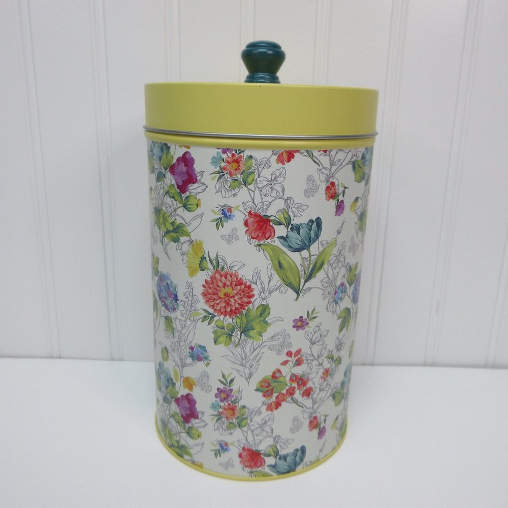 Pioneer Woman Floral Printed Yellow Round Metal Can With Lid Spring Summer New